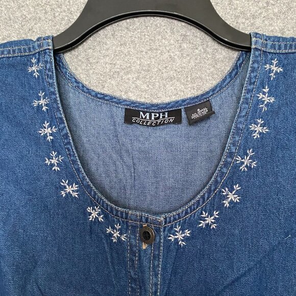 MPH Collection Blue Jean Maxi Dress Button Down Christmas Design Snowmen Size S - Picture 3 of 11